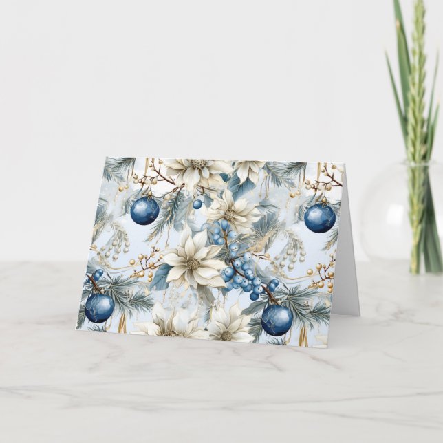 Blue Vintage Christmas Florals Holiday Card (Front)