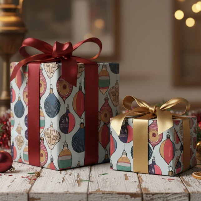 Blue Vintage Christmas Ornaments Pattern Wrapping Paper (Festive Vintage Christmas Ornaments Wrapping Paper in Blue. Nostalgic Pattern of Retro  Ornaments )