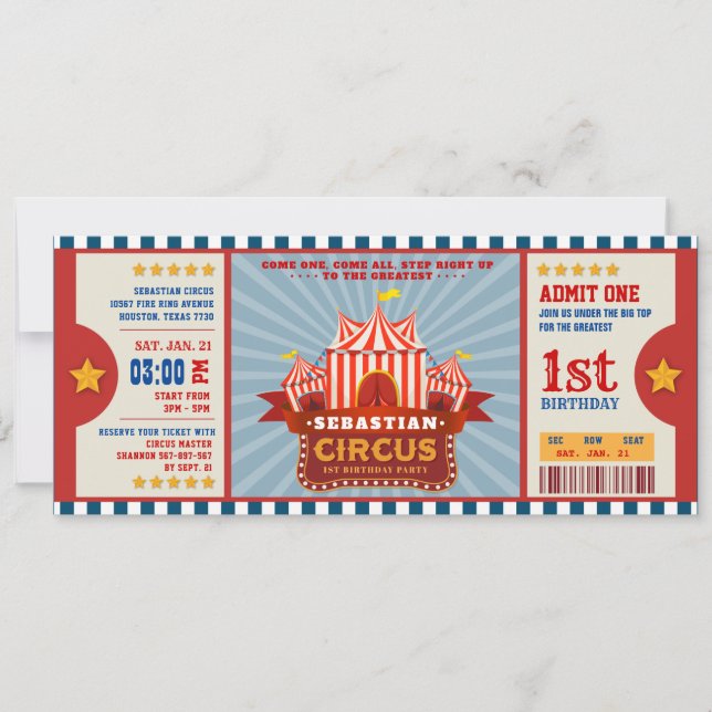 Blue Vintage Circus Ticket Entrance First Birthday Invitation (Front)