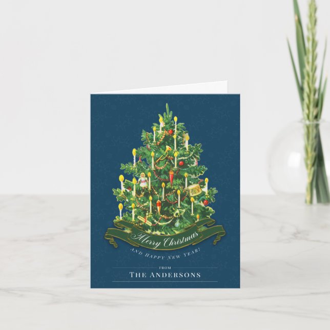 Blue Vintage Classic Custom Christmas Tree Card (Front)