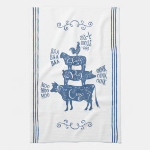 Blue Vintage Country Farmhouse Stacked Farm Animal Kitchen Towel
