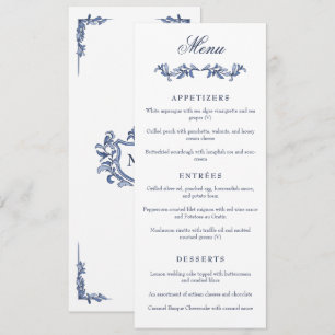 Blue Vintage Crest Monogram Elegant Wedding Menu