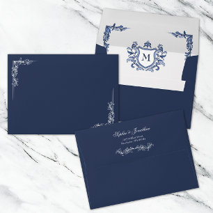 Blue Vintage Crest Monogram Wedding Envelope