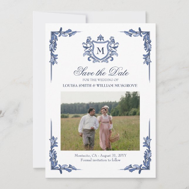 Blue Vintage Crest Monogram Wedding Save The Date (Front)