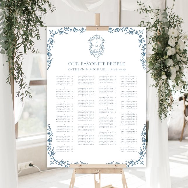 Blue Vintage Crest Wedding Alphabetical Seating Poster (Creator Uploaded)