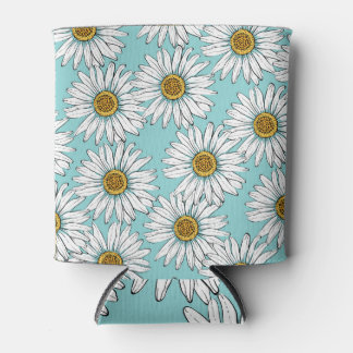 Blue Vintage Daisy Floral Pattern Can Cooler