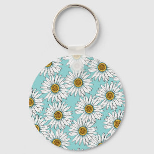 Blue Vintage Daisy Floral Pattern Keychain