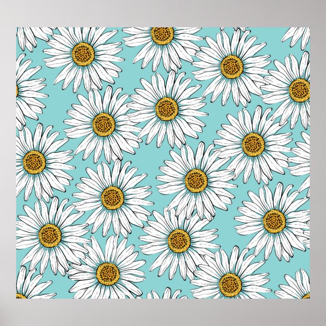 Blue Vintage Daisy Floral Pattern Poster (Front)