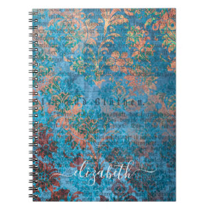 Blue vintage damask pattern script monogram notebook