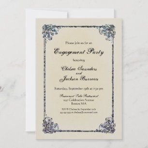 Blue Vintage Decorative Border Engagement Party Invitation