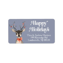 Blue Vintage Deer Happy Holidays Return Address