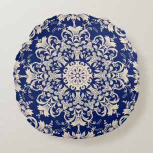 Blue Vintage: Elegant Seamless Pattern. Round Pillow
