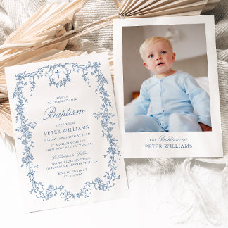 Blue Vintage Floral Boy Baptism Christening Photo Invitation