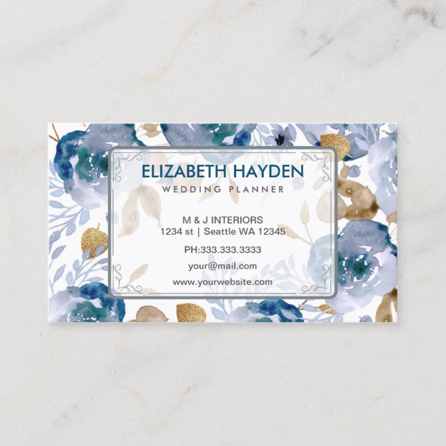 Blue Vintage Floral Business Card (Front)