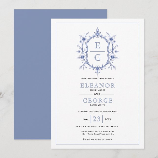 Blue vintage floral crest initials wedding   invitation (Front/Back)