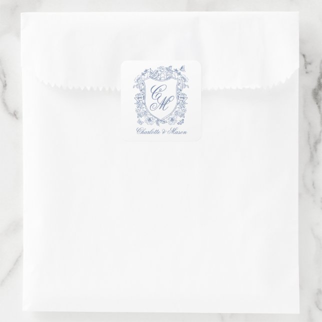 Blue Vintage Floral Crest Wedding Monogram Sticker (Bag)