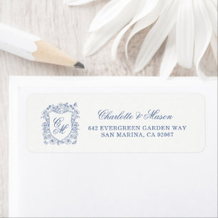 Blue Vintage Floral Crest Wedding Return Address