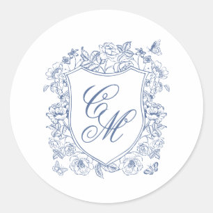 Blue Vintage Floral Crest Wedding Round Sticker