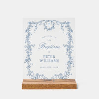 Blue Vintage Floral Cross Baptism Welcome 