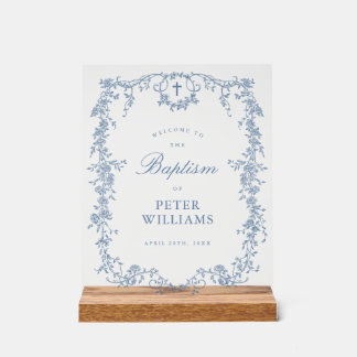 Blue Vintage Floral Cross Baptism Welcome Acrylic Sign