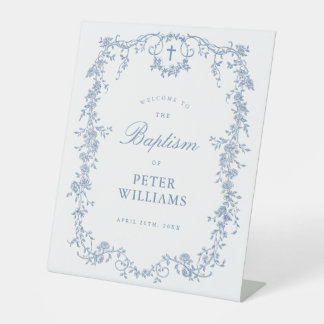 Blue Vintage Floral Cross Baptism Welcome Pedestal Sign