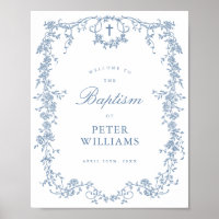 Blue Vintage Floral Cross Baptism Welcome Poster