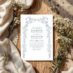 Blue Vintage Floral Line Art Arch QR Code Wedding Invitation