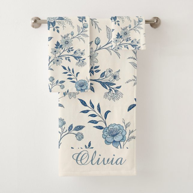 Blue Vintage Floral Pattern Bath Towel Set (Insitu)