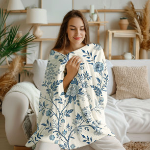 Blue Vintage Floral Pattern Fleece Blanket