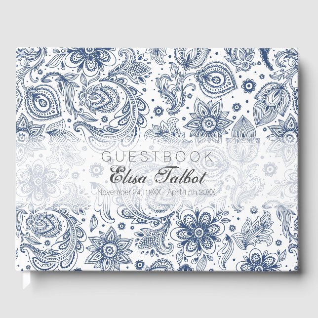 Blue Vintage Floral Pattern Funeral Guest Book (Front)