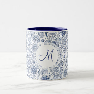 Blue Vintage Floral Pattern Monogram 2-tone Mug