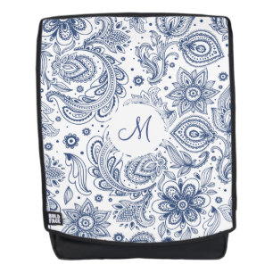 Blue Vintage Floral Pattern Monogram Backpack