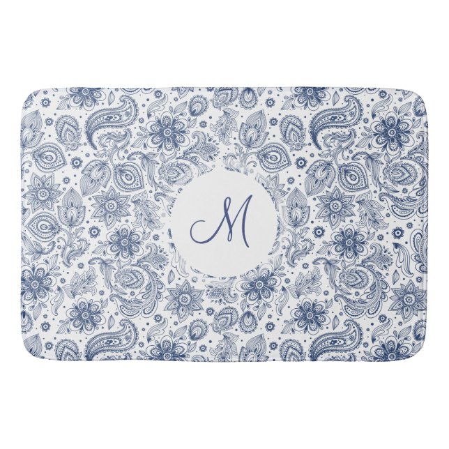 Blue Vintage Floral Pattern Monogram Bath Mat (Front)