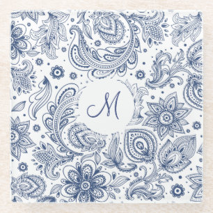 Blue Vintage Floral Pattern Monogram Glass Coaster