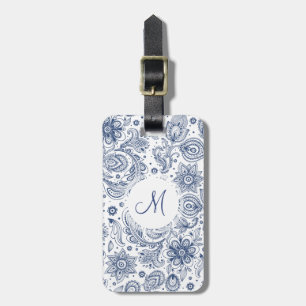 Blue Vintage Floral Pattern Monogram Luggage Tag