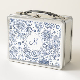 Blue Vintage Floral Pattern Monogram Lunchbox