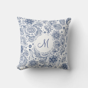 Blue Vintage Floral Pattern Monogram Pillow