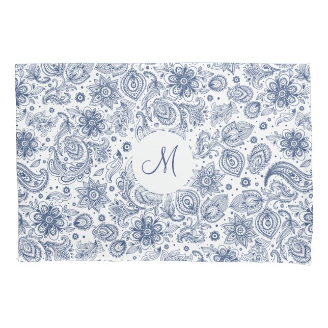 Blue Vintage Floral Pattern Monogram Pillow Case (Front)