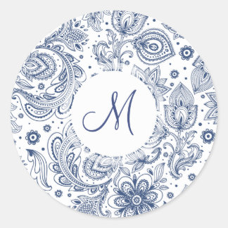 Blue Vintage Floral Pattern Monogram Round Sticker