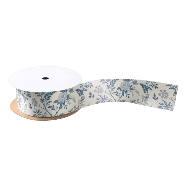 Blue Vintage Floral Pattern Satin Ribbon (Spool)