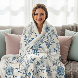 Blue Vintage Floral Pattern Sherpa Blanket