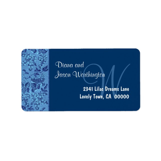Blue Vintage Floral Ribbon Monogram Wedding Label (Front)