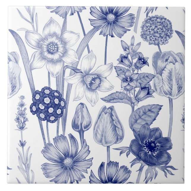 blue vintage floral tiled pattern tile (Front)