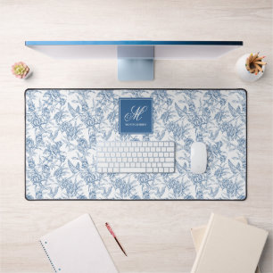 Blue Vintage Floral Toile de Jouy French Monogram Desk Mat