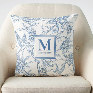 Blue Vintage Floral Toile de Jouy French Monogram Throw Pillow