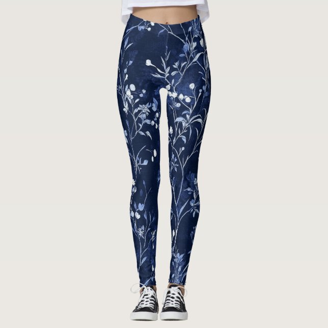 Blue Vintage Floral Toile Pattern (10) Leggings (Front)