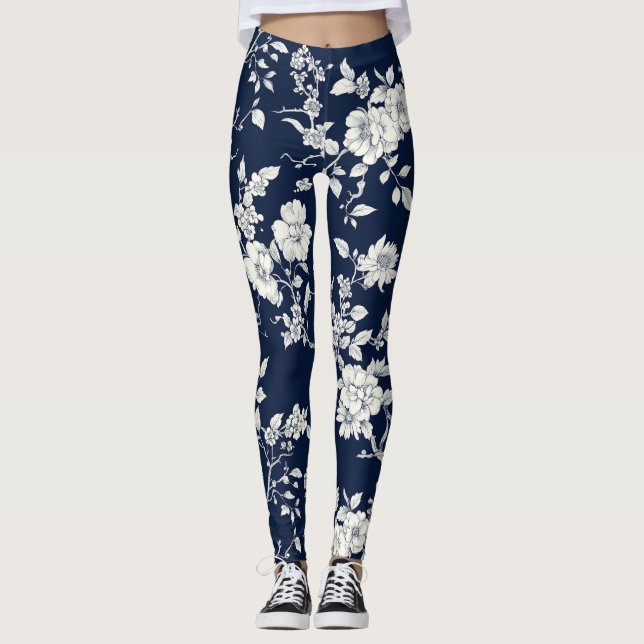 Blue Vintage Floral Toile Pattern (12) Leggings (Front)