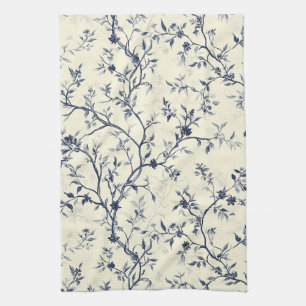 Blue Vintage Floral Toile Pattern (1) Kitchen Towel