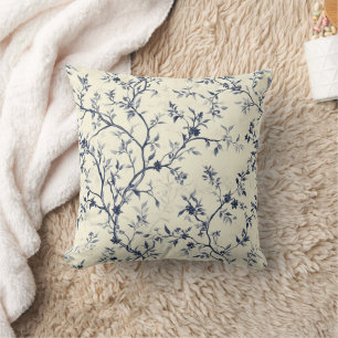 Blue Vintage Floral Toile Pattern (1) Throw Pillow