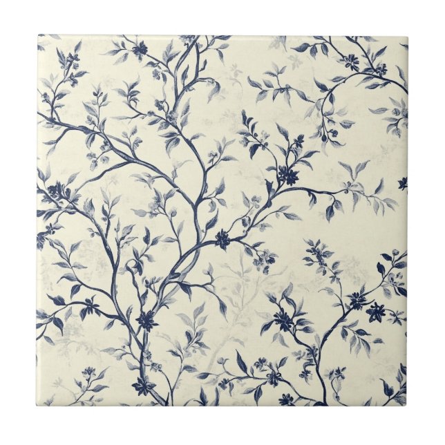 Blue Vintage Floral Toile Pattern (1) Tile (Front)